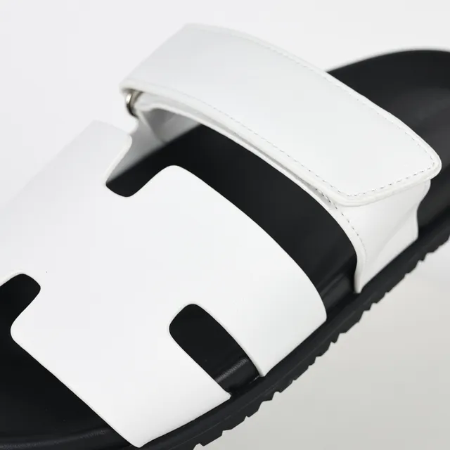 White and Black Double-Strap Slide Slippers 6
