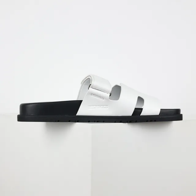 White and Black Double-Strap Slide Slippers 7