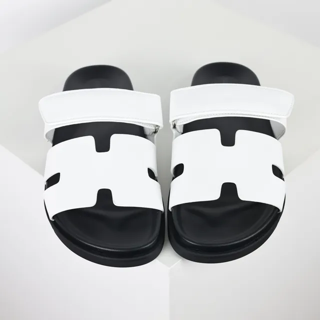 White and Black Double-Strap Slide Slippers 8
