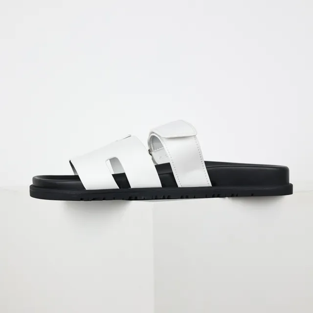 White and Black Double-Strap Slide Slippers 9