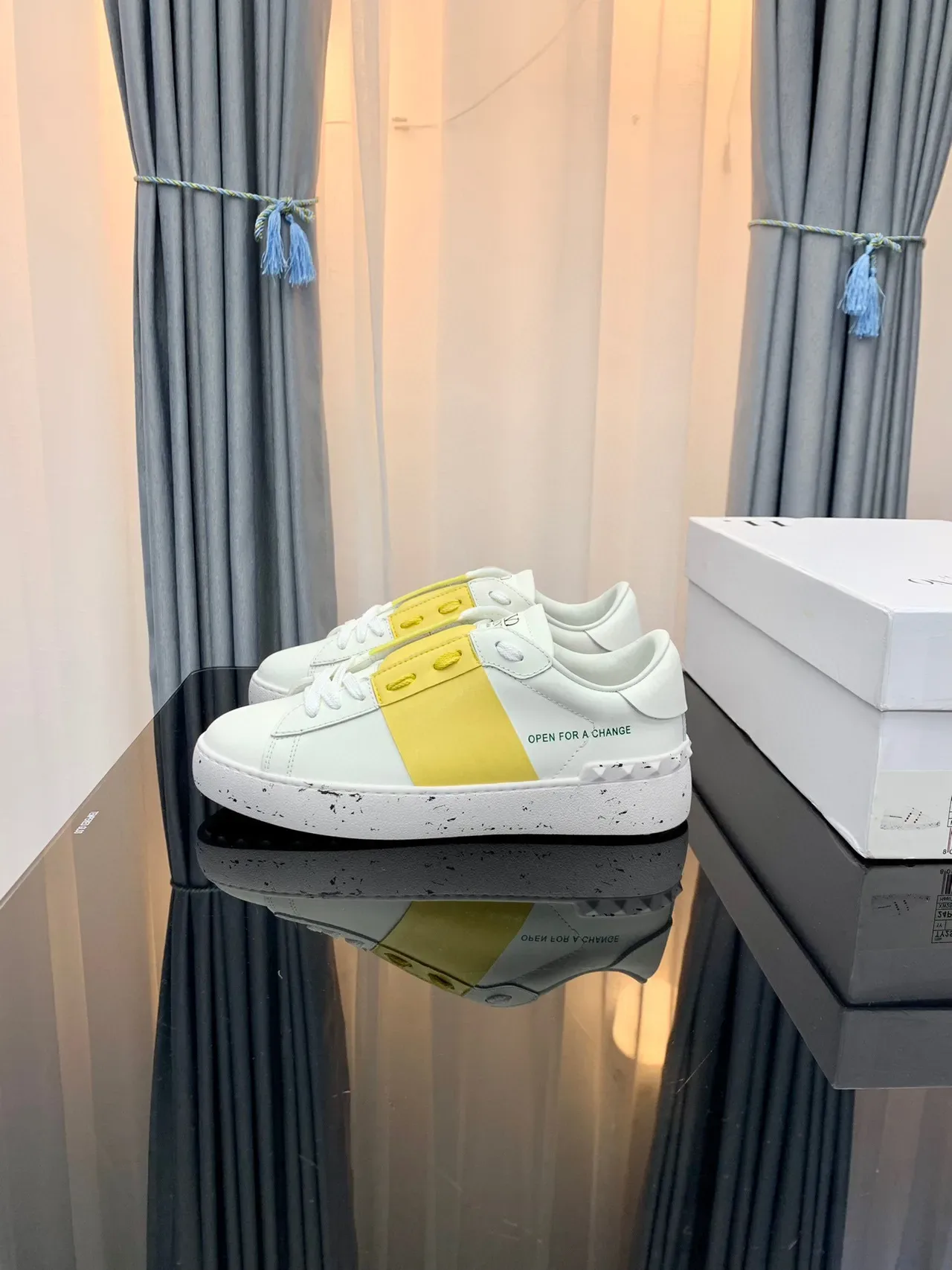 White and Yellow Color-Blocked Low-Top Sneaker 1
