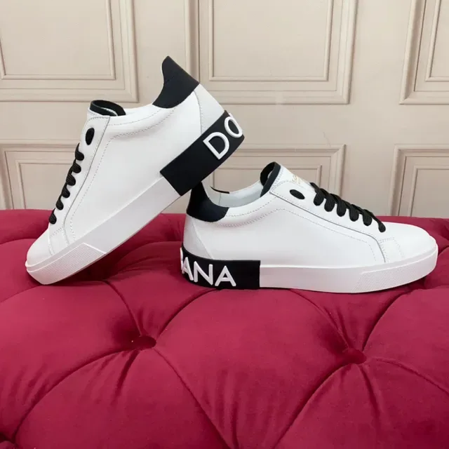 White Black Low-Top Leather Upper Sneakers 6