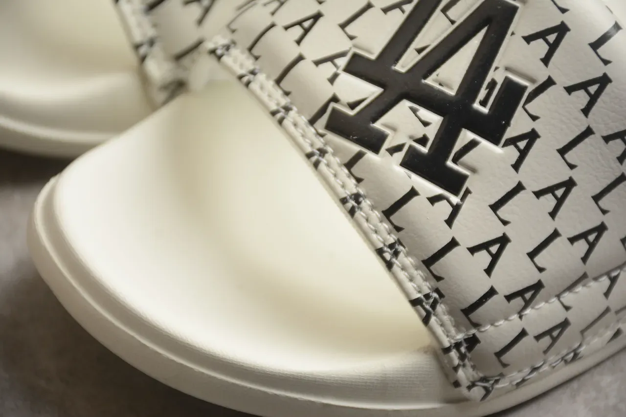White Black Monogram-Print Strap Molded Rubber Sole Slippers 7