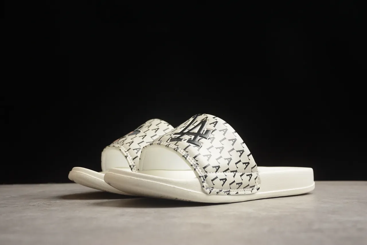 White Black Monogram-Print Strap Molded Rubber Sole Slippers 13