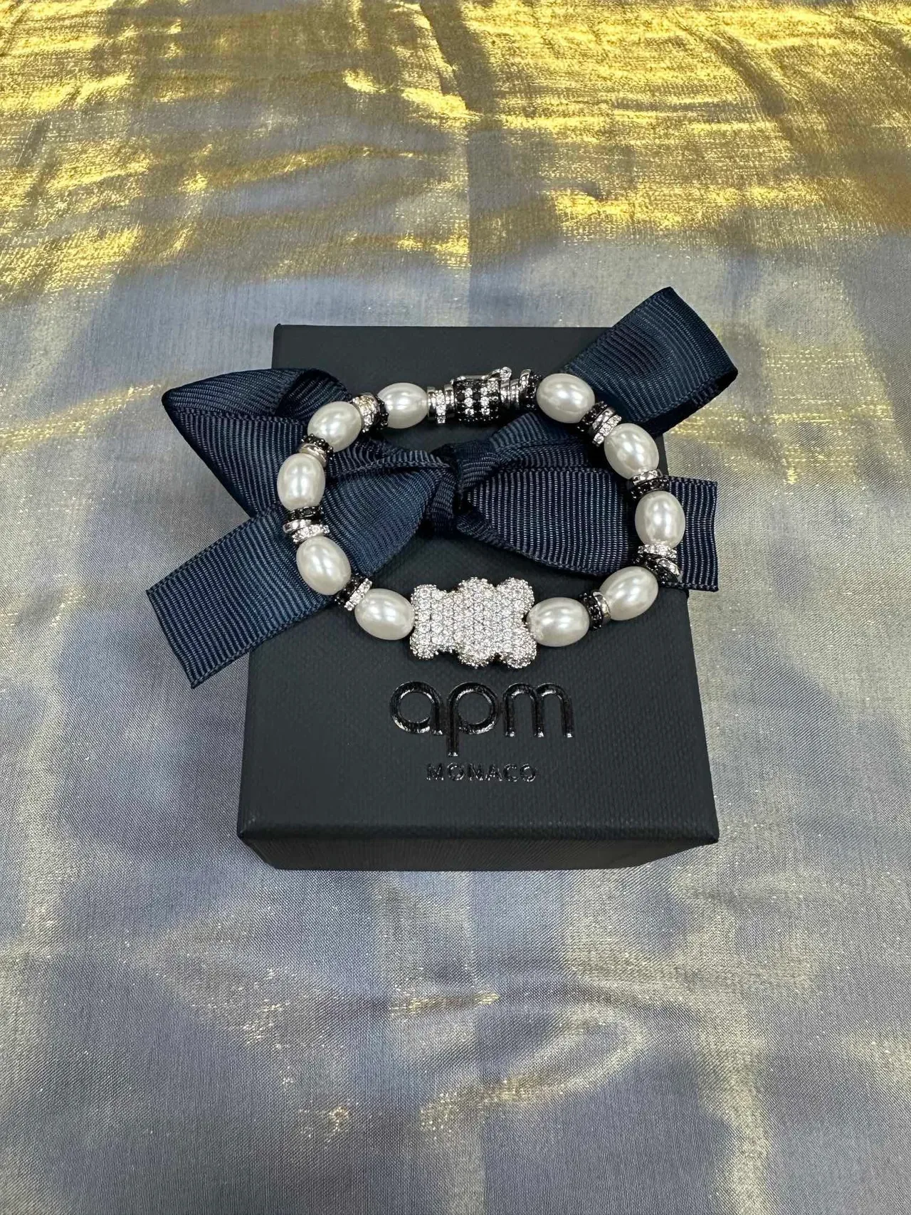 White Black Pearl-Beaded Crystal-Encrusted Charm Bracelet 4