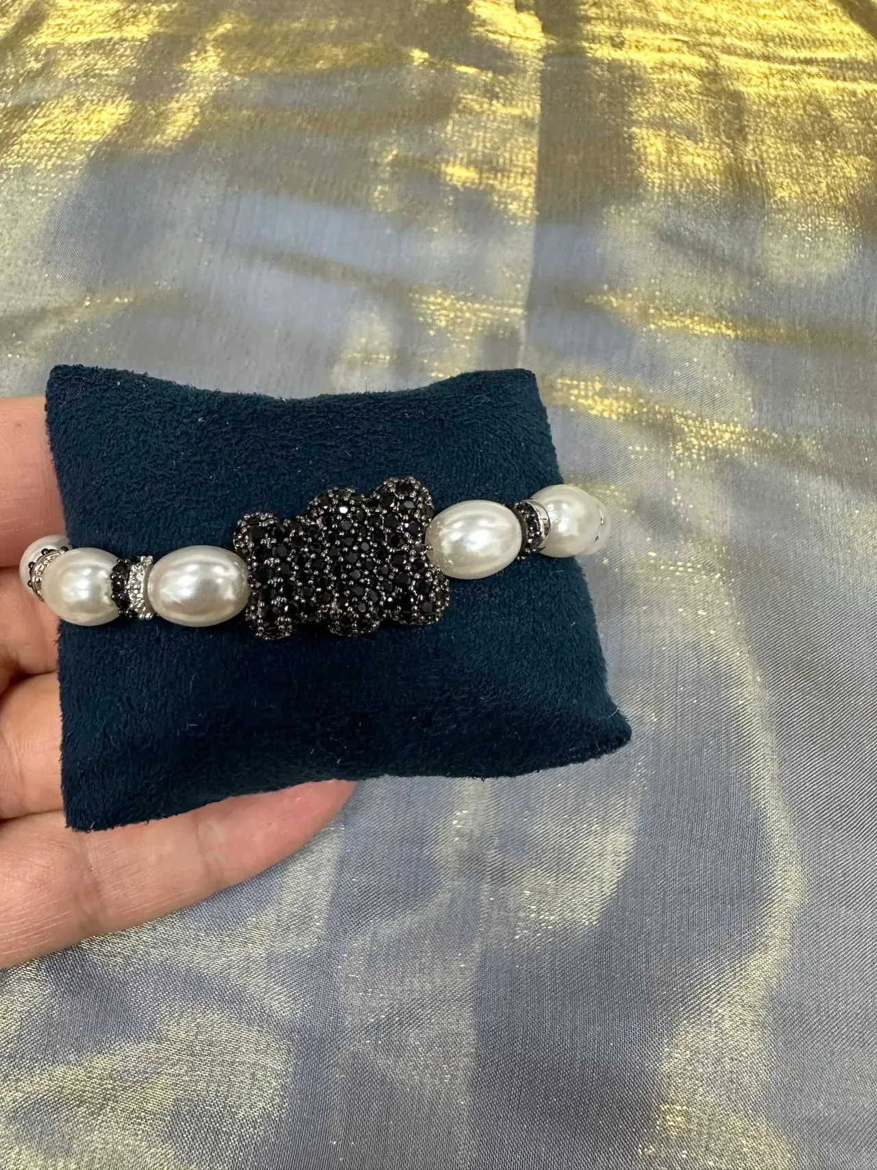 White Black Pearl-Beaded Crystal-Encrusted Charm Bracelet 5