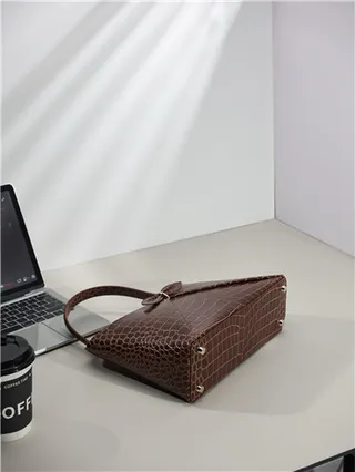 White Croc-Embossed Structured Top-Handle Boston Bag 4