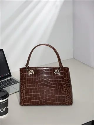 White Croc-Embossed Structured Top-Handle Boston Bag 8