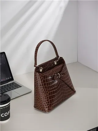 White Croc-Embossed Structured Top-Handle Boston Bag 9