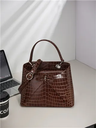 White Croc-Embossed Structured Top-Handle Boston Bag 10