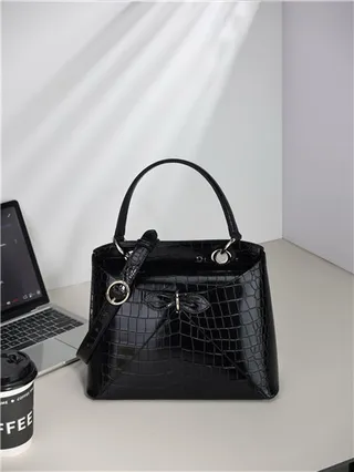White Croc-Embossed Structured Top-Handle Boston Bag 19