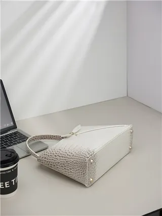 White Croc-Embossed Structured Top-Handle Boston Bag 22