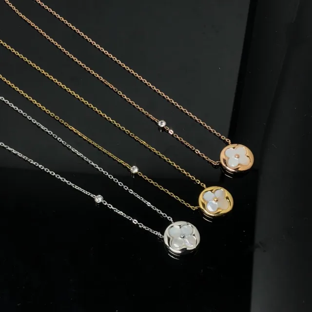 White Gold Circular Locket Pendant Mother-of-Pearl Flower Inlay Necklace 4