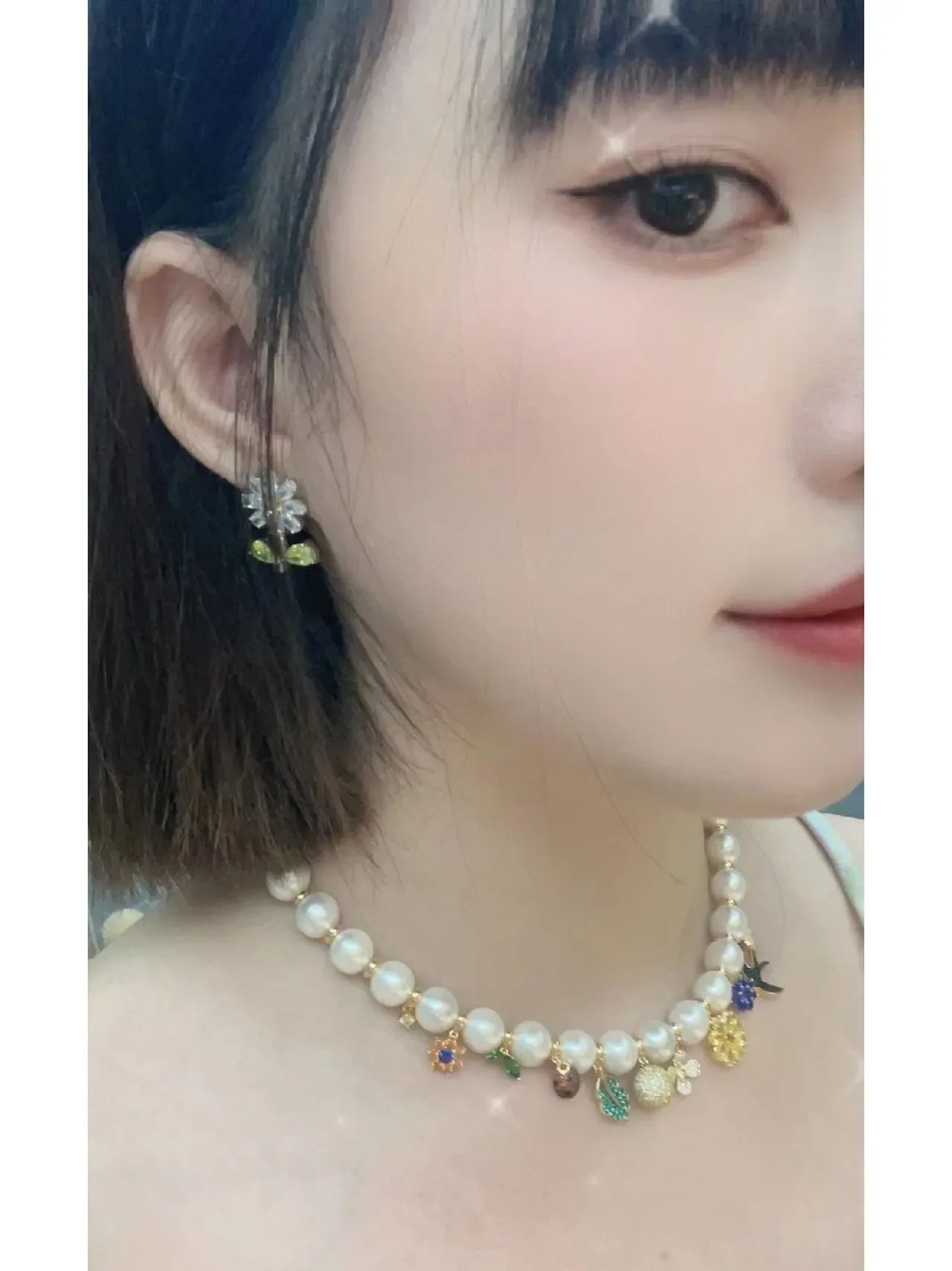 White Gold Pearl Strand Charms Necklace 2