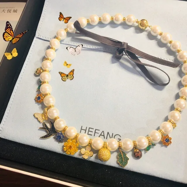 White Gold Pearl Strand Charms Necklace 6