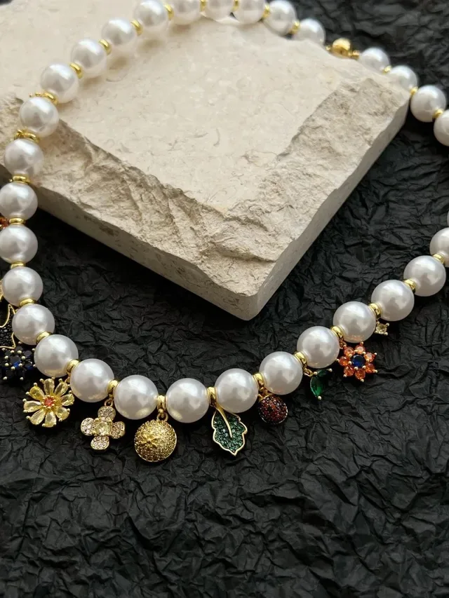 White Gold Pearl Strand Charms Necklace 8