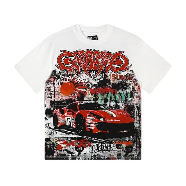 White Graphic-Print Racing Car Graffiti T-Shirt 2
