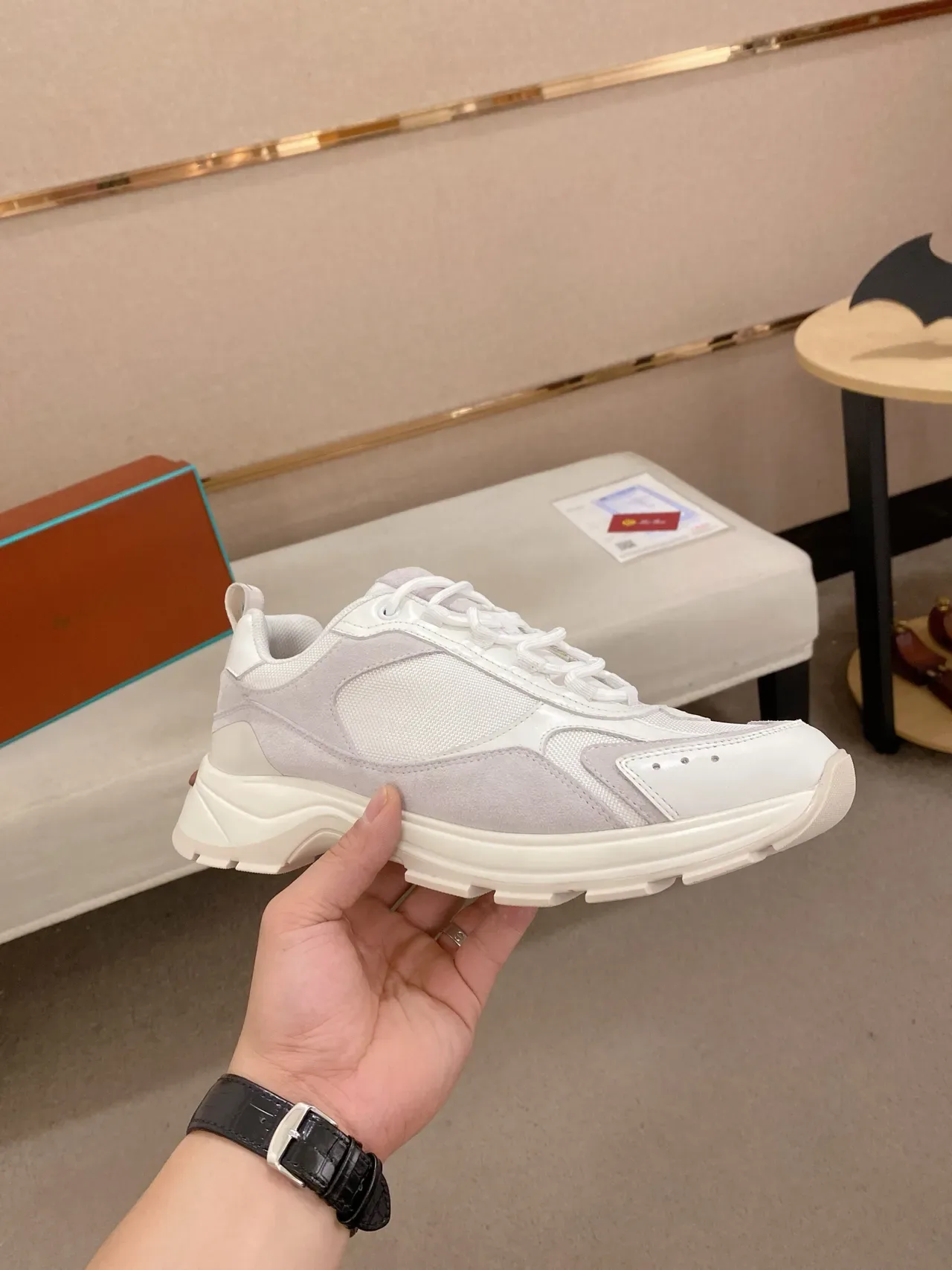 White Gray Chunky Sole Mixed-Material Upper Sneakers 4