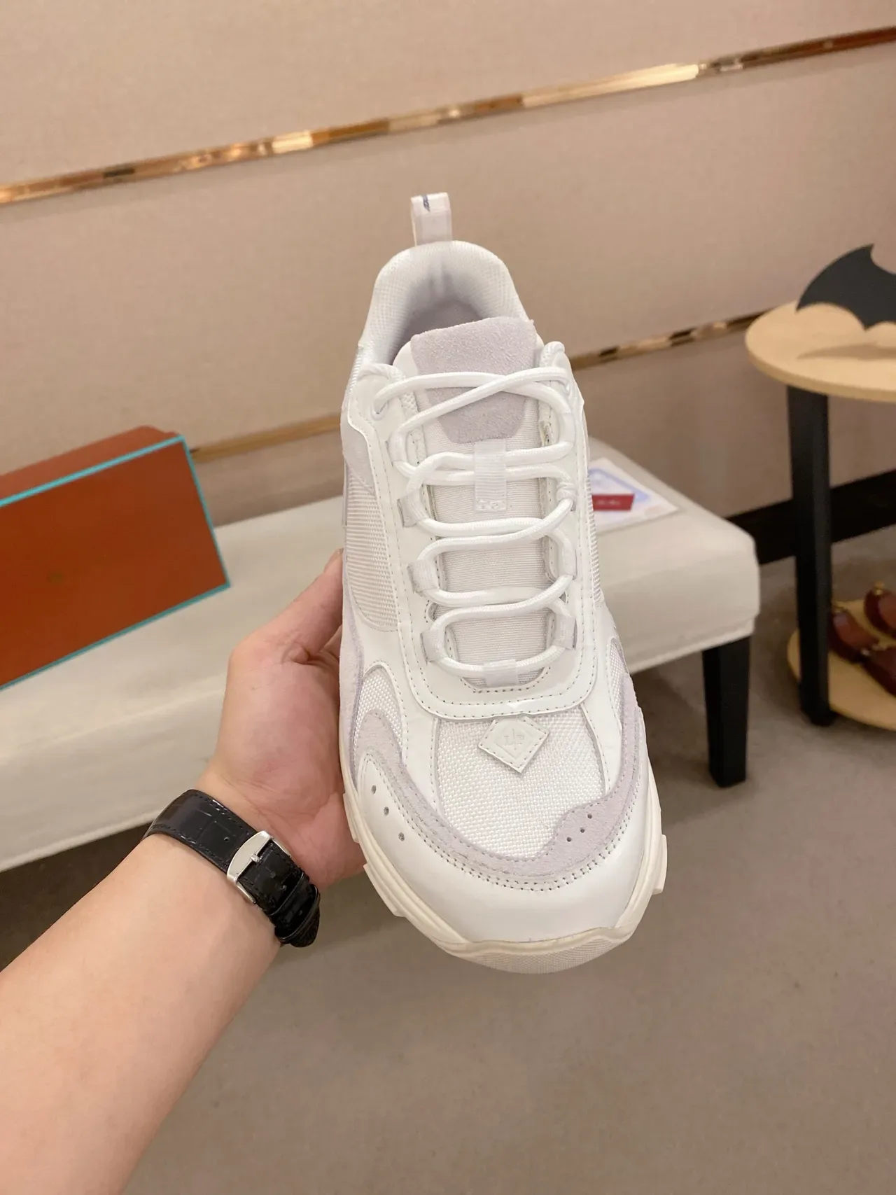 White Gray Chunky Sole Mixed-Material Upper Sneakers 5