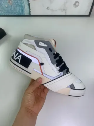 White Gray Orange Beige High-Top Layered Panel Strap Sneakers 3