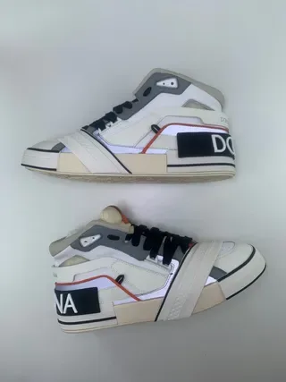 White Gray Orange Beige High-Top Layered Panel Strap Sneakers 4