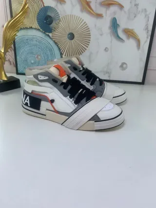 White Gray Orange Beige High-Top Layered Panel Strap Sneakers 5