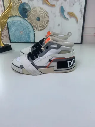 White Gray Orange Beige High-Top Layered Panel Strap Sneakers 6