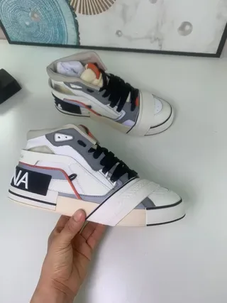 White Gray Orange Beige High-Top Layered Panel Strap Sneakers 7