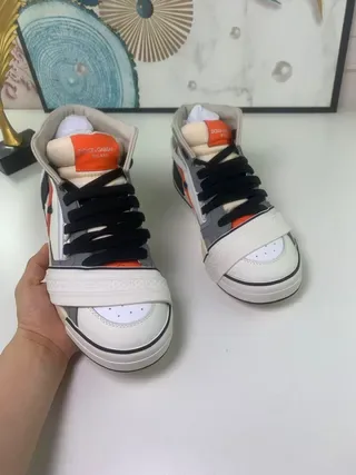 White Gray Orange Beige High-Top Layered Panel Strap Sneakers 8