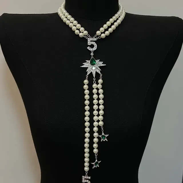 White Green Double-Strand Pearl Numeric Pendant Necklace 3