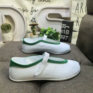 White Green Leather-Like Upper Piping Trim Mary Jane Shoes