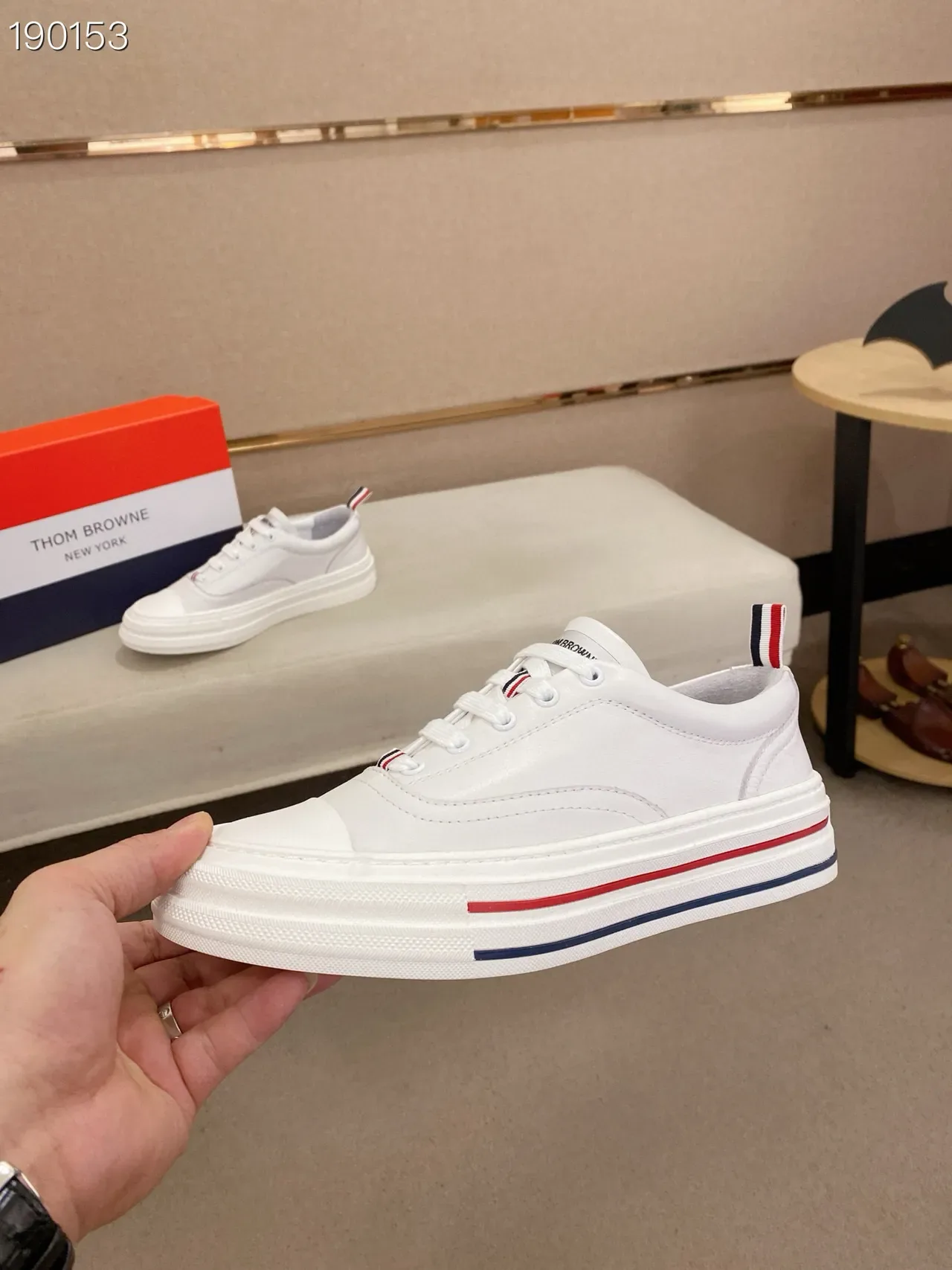 White Navy Clean Leather Stacked Red And Midsole Stripes Sneakers 4