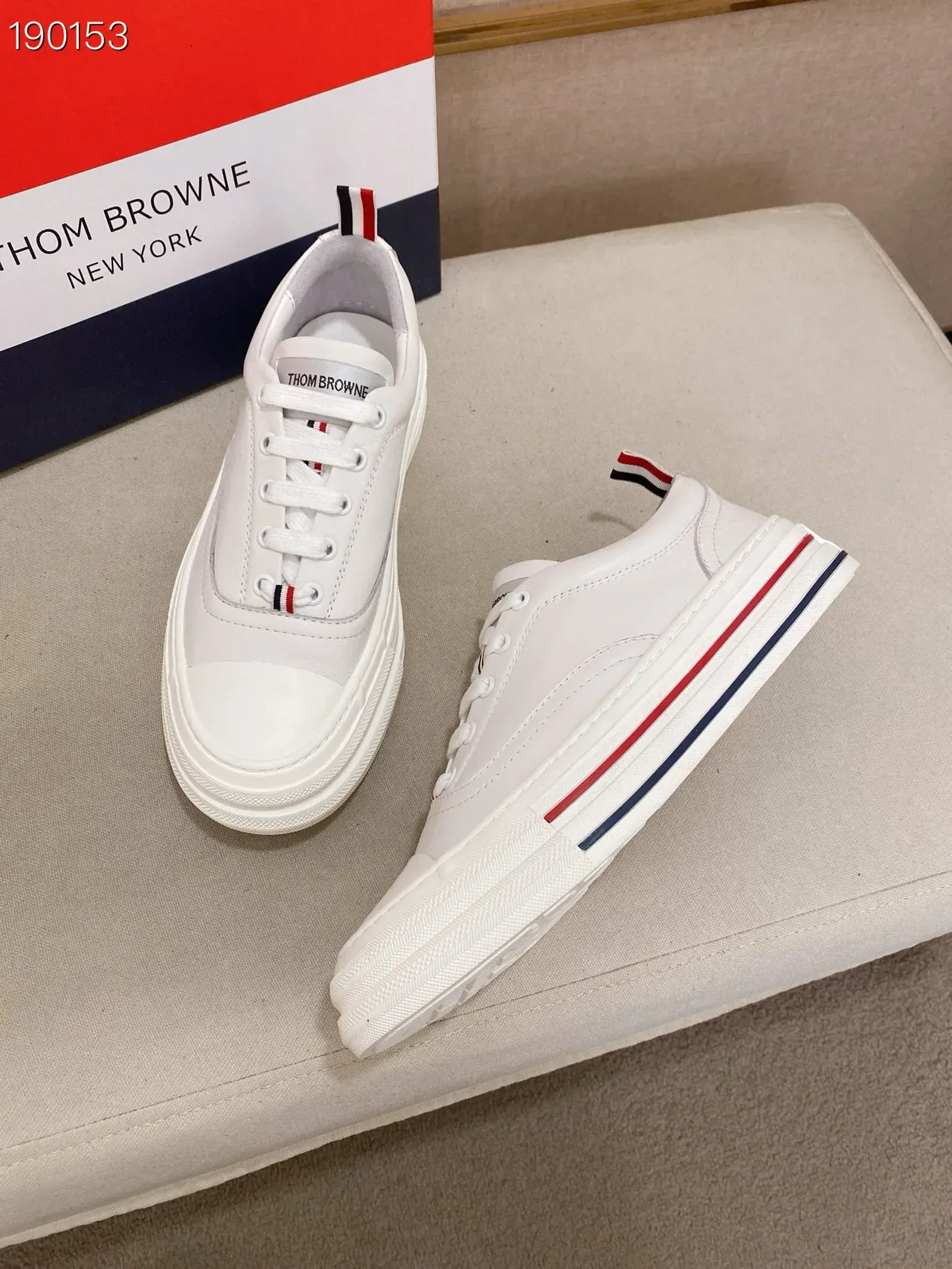 White Navy Clean Leather Stacked Red And Midsole Stripes Sneakers 7