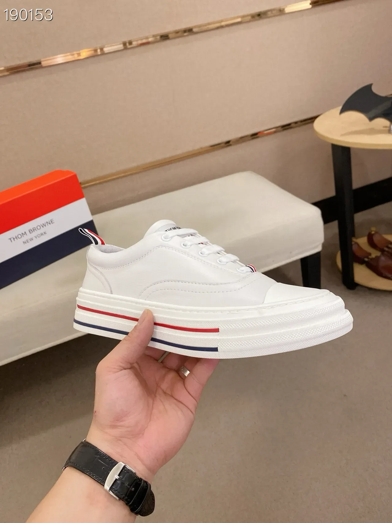 White Navy Clean Leather Stacked Red And Midsole Stripes Sneakers 8