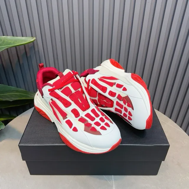 White Red Laceless Slip-On Skeletal Cage Overlay Chunky Sneakers 4