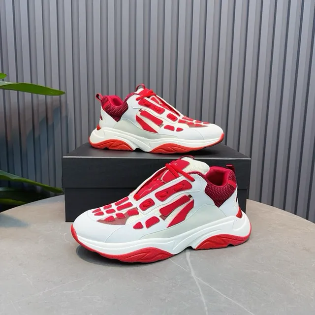 White Red Laceless Slip-On Skeletal Cage Overlay Chunky Sneakers 7