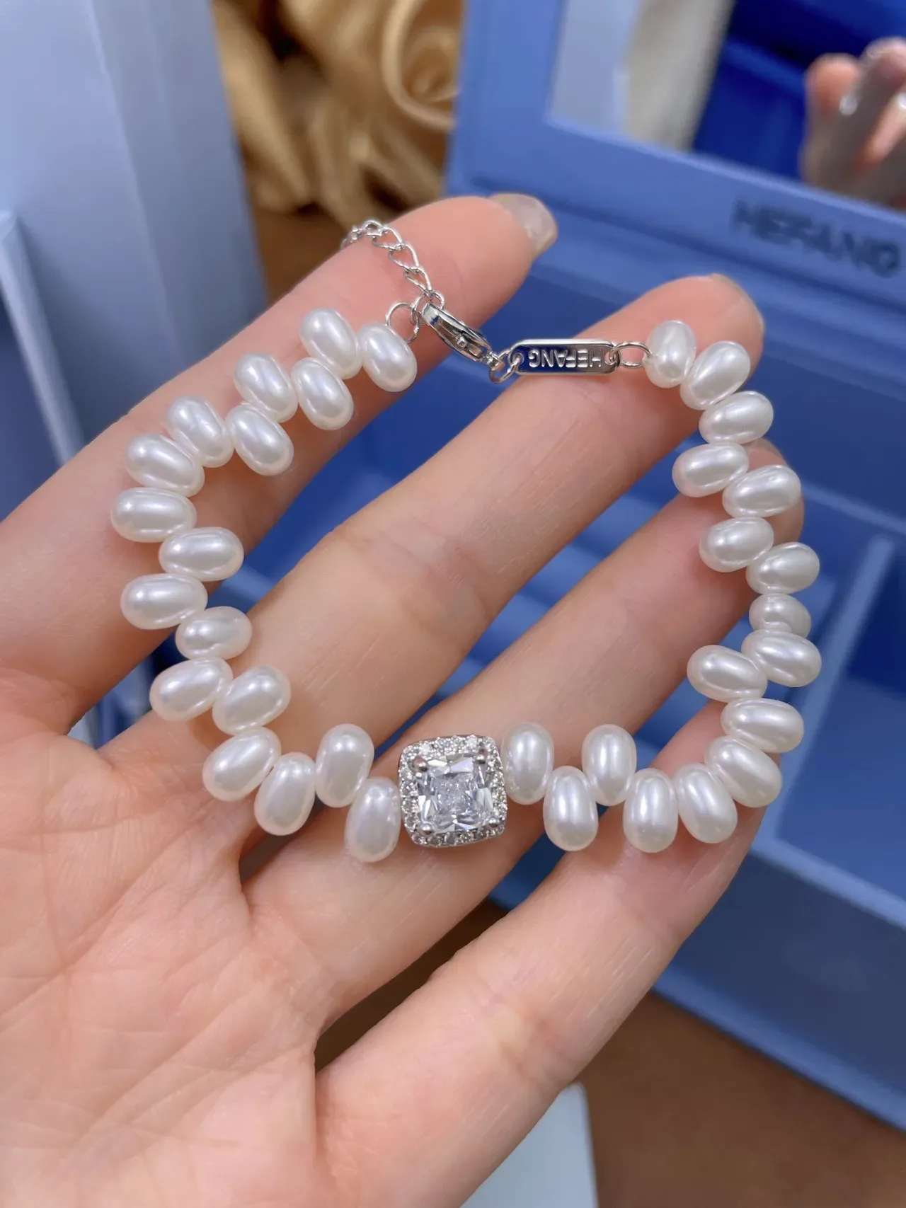 White Silver Pearl Strand Square Crystal Clasp Jewelry 6