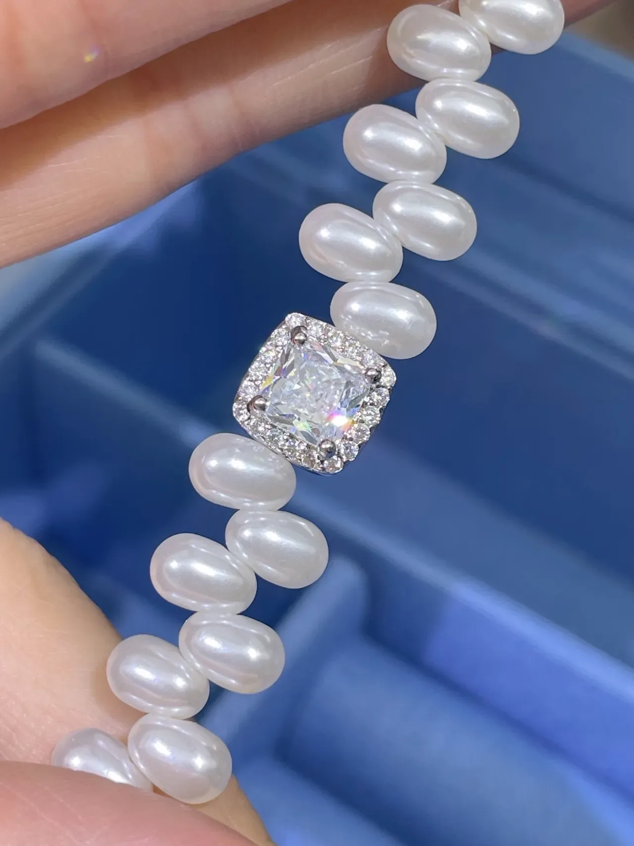 White Silver Pearl Strand Square Crystal Clasp Jewelry 7