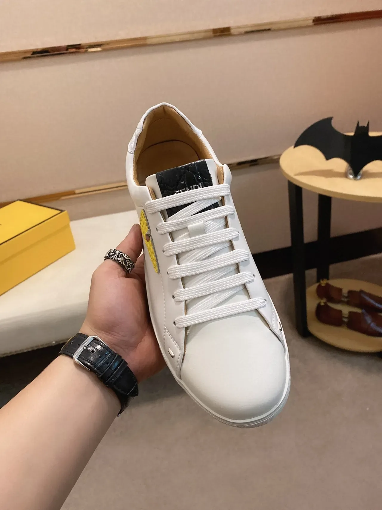 White Yellow Smooth Leather-Like Upper Textured Python-Embossed Panel Sneakers 2
