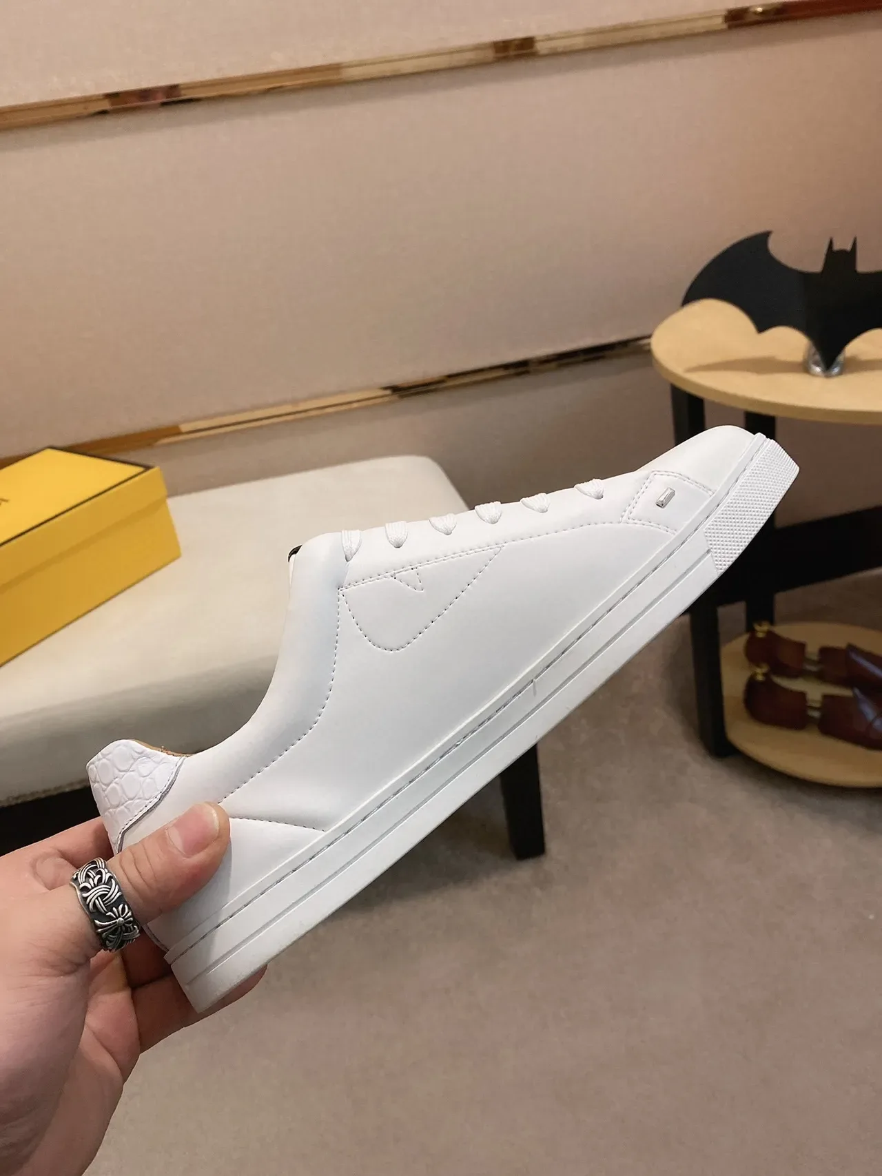 White Yellow Smooth Leather-Like Upper Textured Python-Embossed Panel Sneakers 7