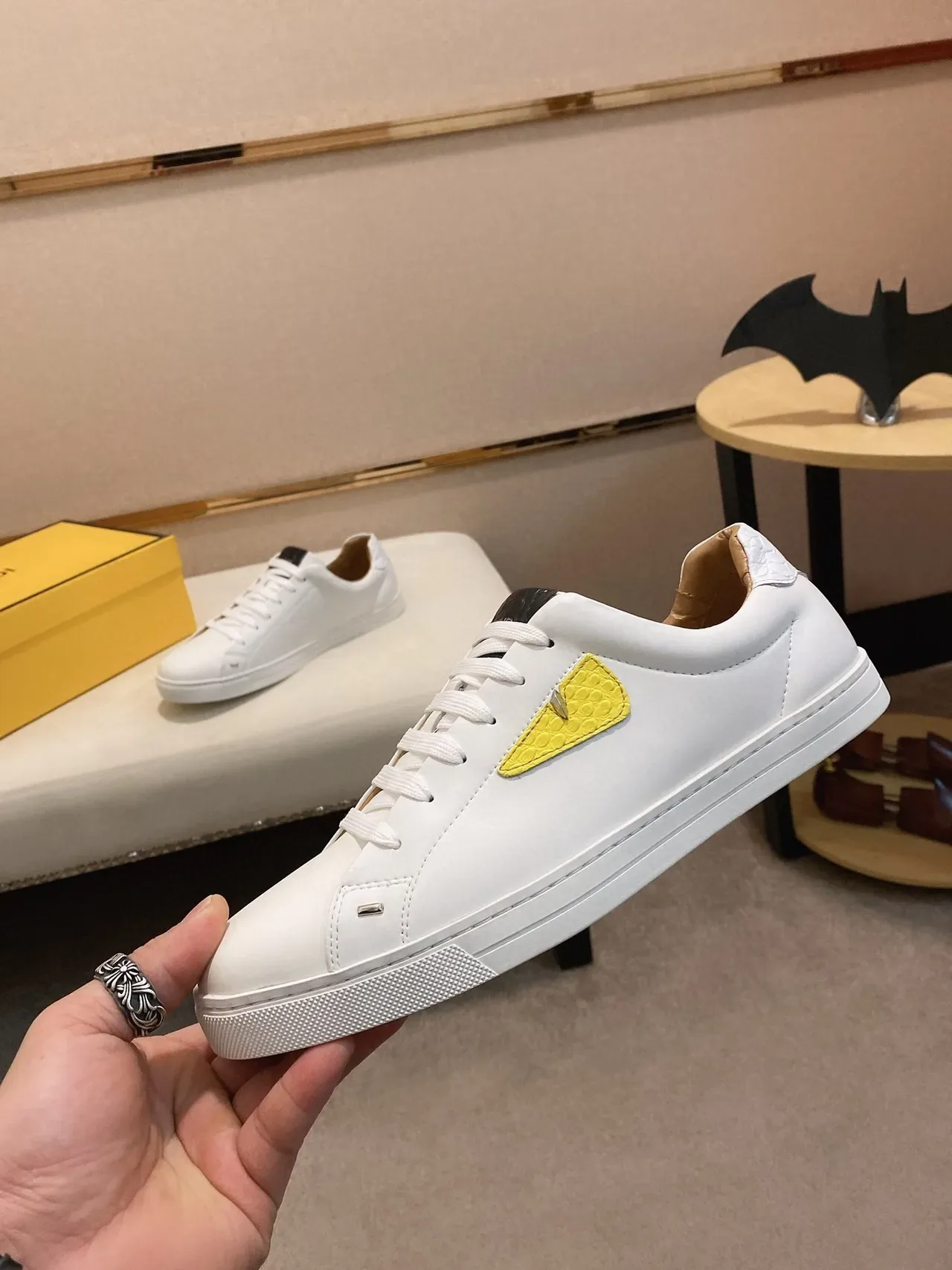 White Yellow Smooth Leather-Like Upper Textured Python-Embossed Panel Sneakers 9