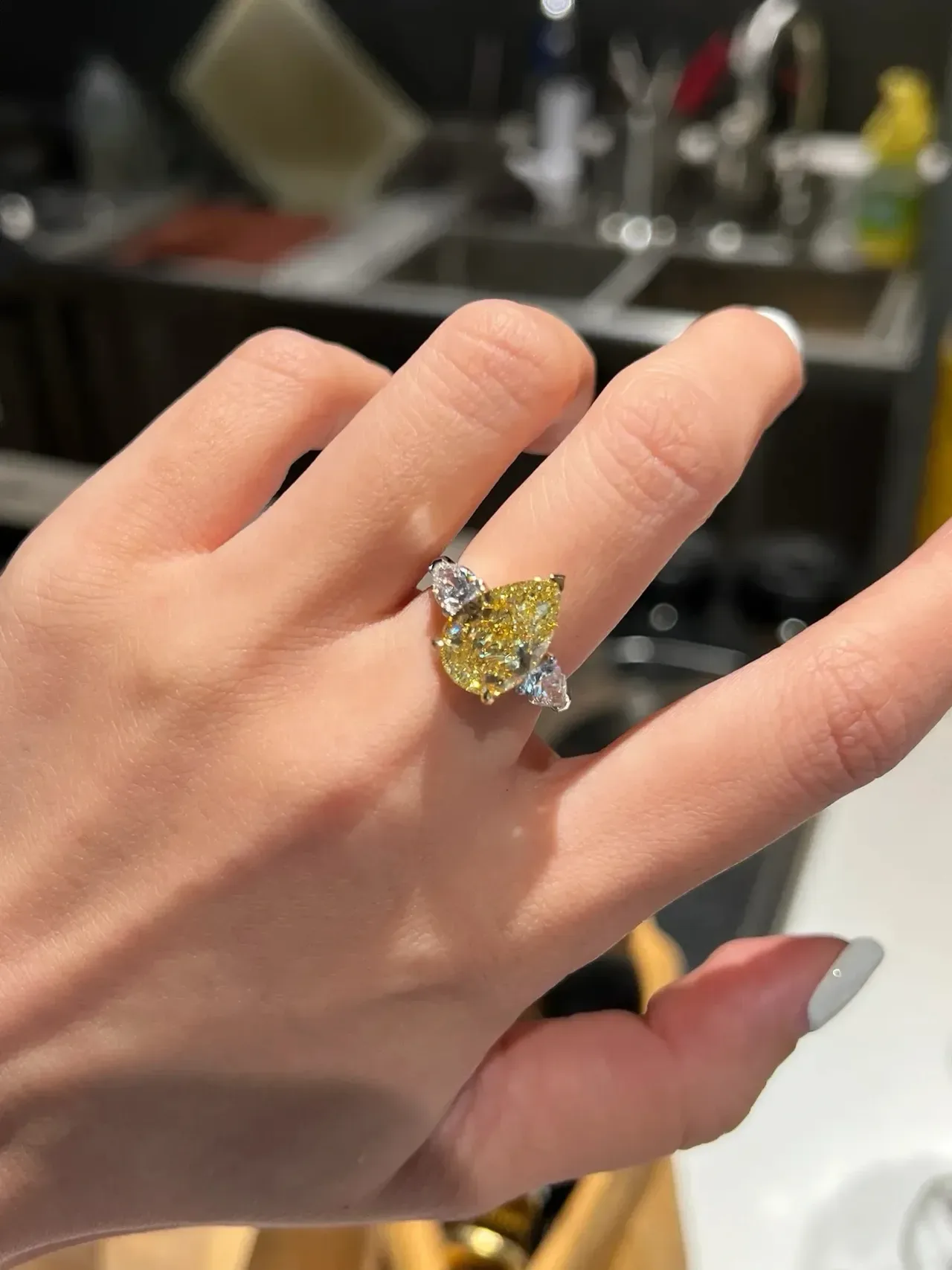 Yellow Silver Pear-Cut Central Stone Trilogy-Style Ring 2