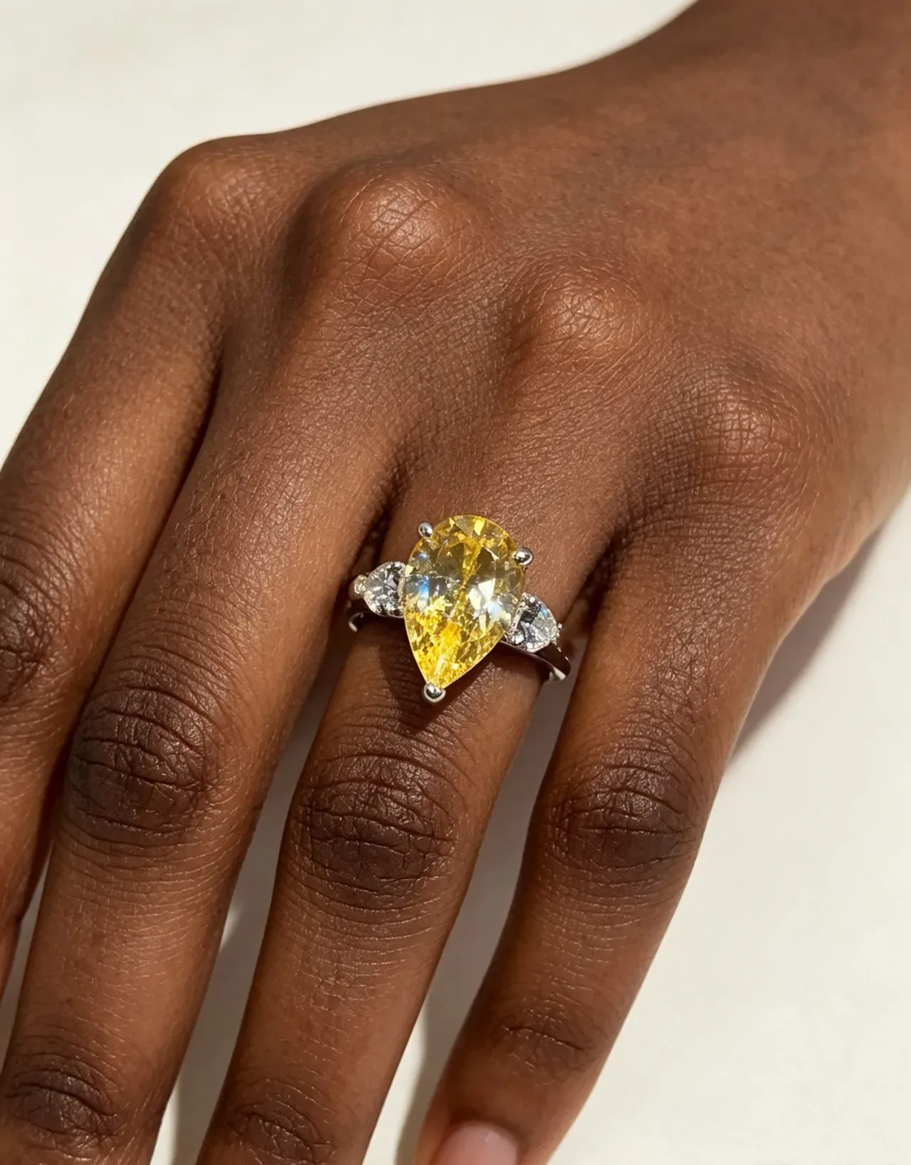 Yellow Silver Pear-Cut Central Stone Trilogy-Style Ring 3