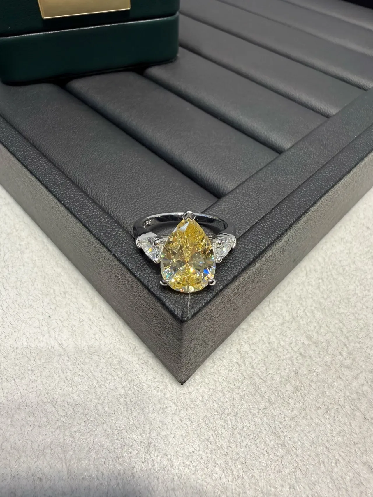 Yellow Silver Pear-Cut Central Stone Trilogy-Style Ring 4