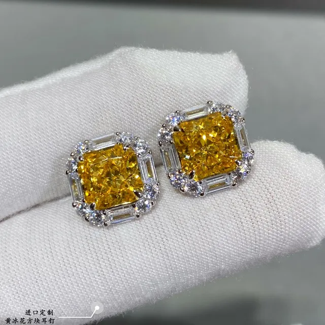 Yellow Silver Square-Cut Central Stone Halo Setting Earrings 2