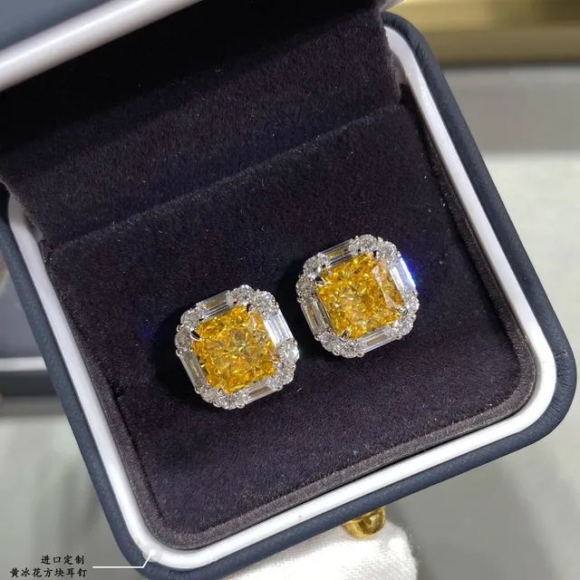 Yellow Silver Square-Cut Central Stone Halo Setting Earrings 4