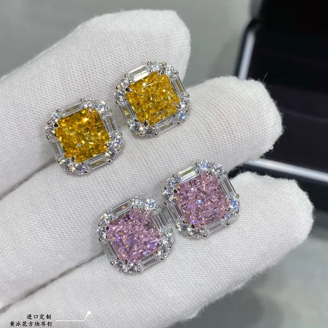 Yellow Silver Square-Cut Central Stone Halo Setting Earrings 6
