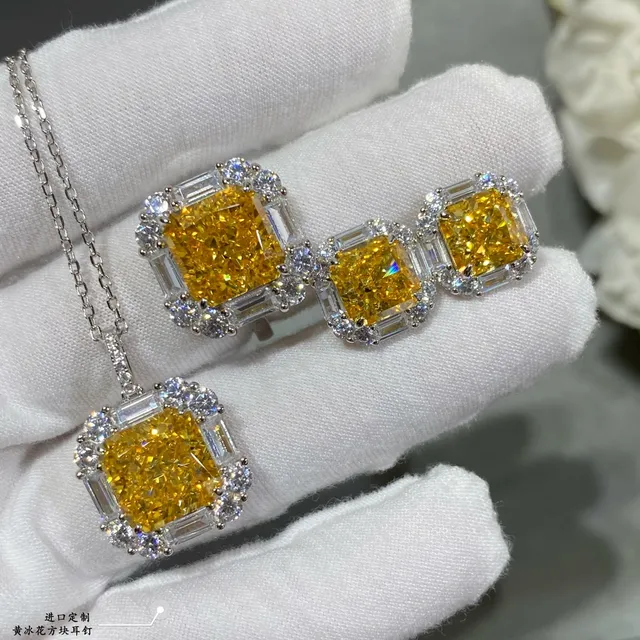 Yellow Silver Square-Cut Central Stone Halo Setting Earrings 8