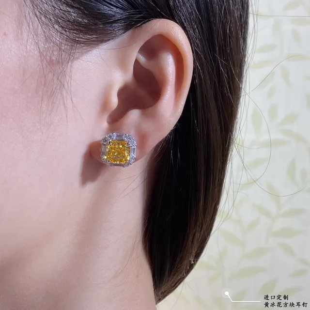 Yellow Silver Square-Cut Central Stone Halo Setting Earrings 9