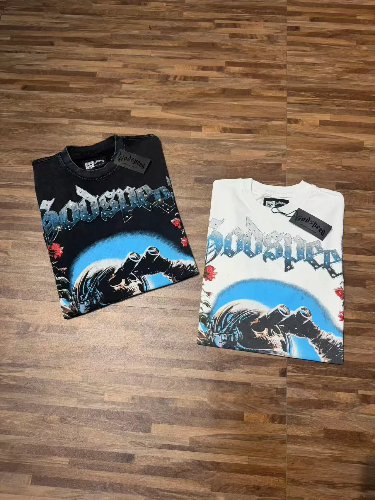 Godspeed Astronaut and Roses Graphic Rhinestone Sleeve T-Shirt 2